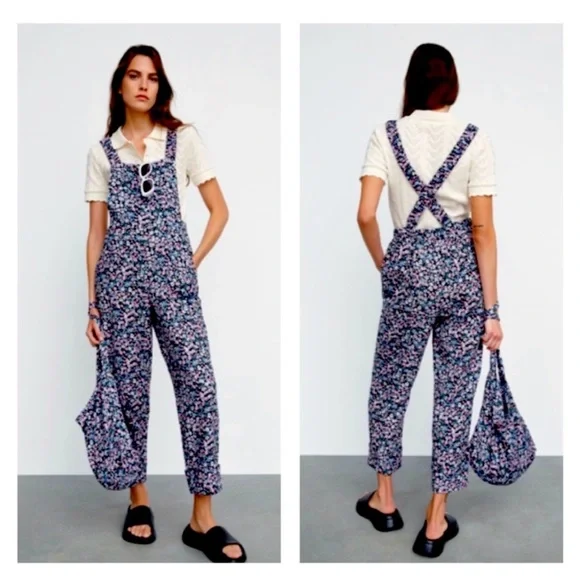 Zara Floral Criss Cross Overalls - Picture 1 of 12